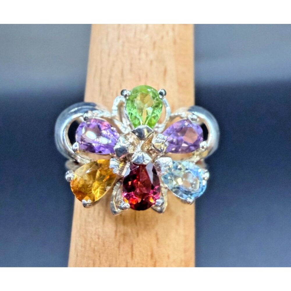 Vintage 925 Silver Multi Gemstone Flower Ring Amethyst Peridot Citrine Size 7